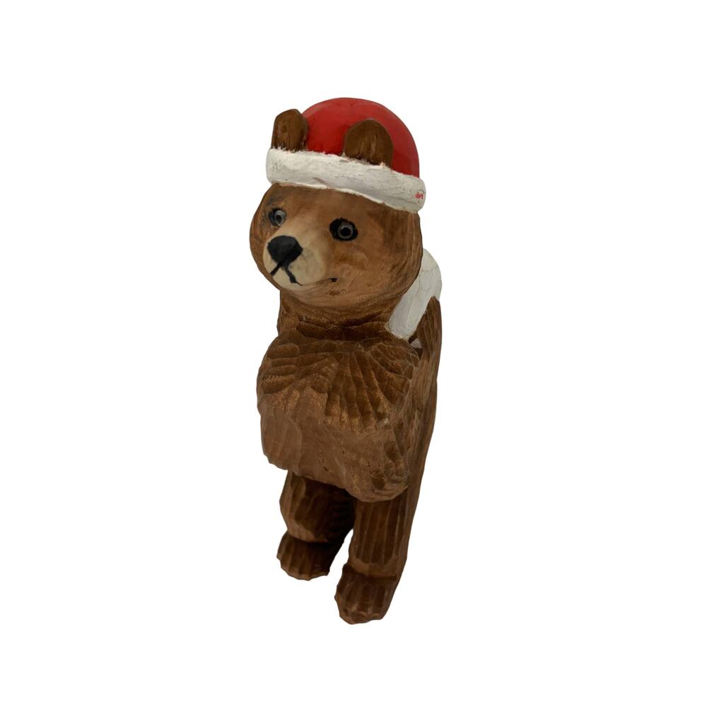 Small Wood Sculpture Bear in Santa Hat w/ Sack Holiday Decor